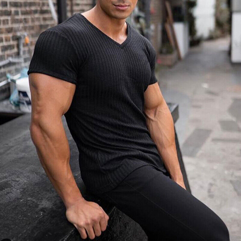 Men's V-Neck Short Sleeve T-Shirt - Slim Stretch Sport Gym Muscle Tee Tunic 7 thumbnail image