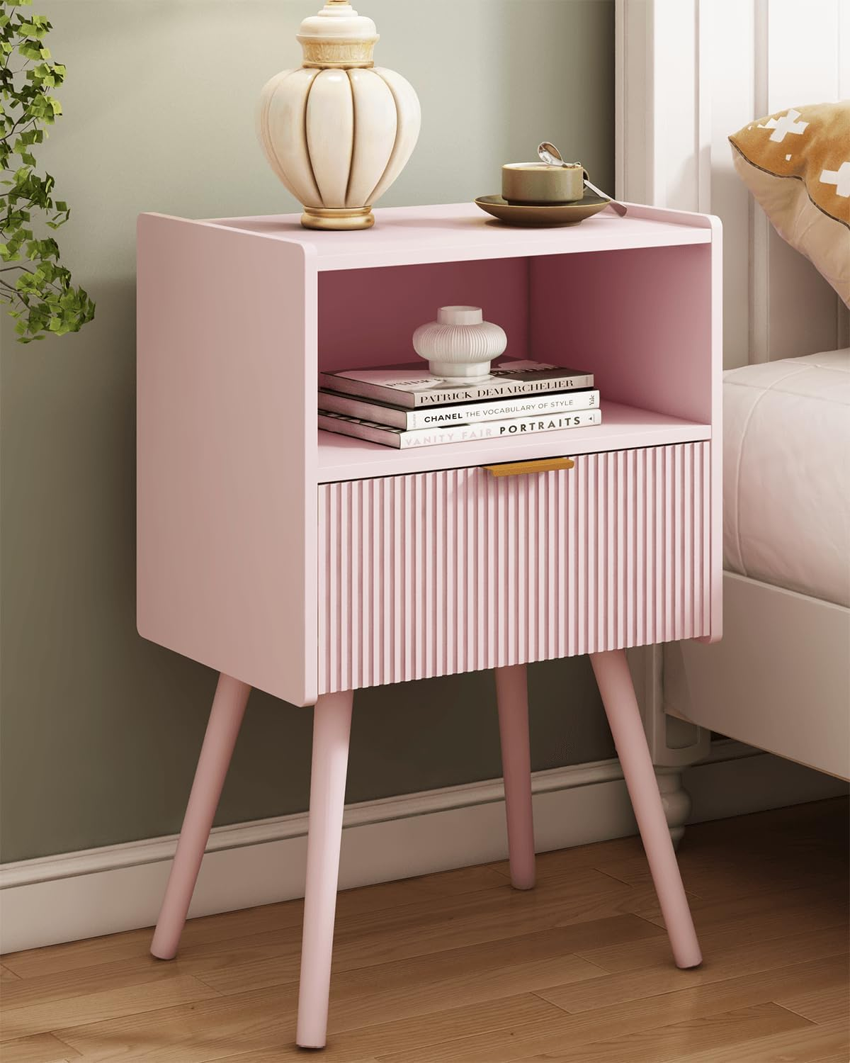Nightstand,Modern Bedside Table with Storage Drawer and Open Wood Shelf, for Liv