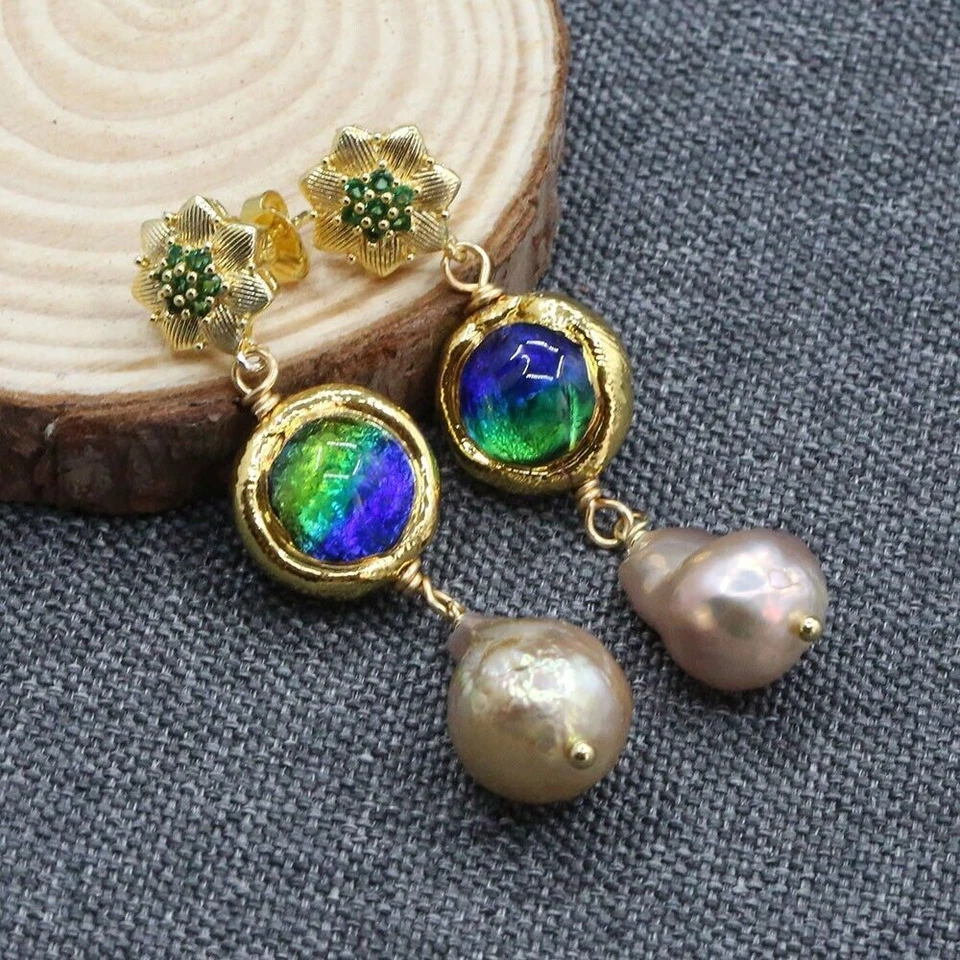 Freshwater Cultured Purple Keshi Pearl Blue Murano Glass Earrings For Lady - Image 2 of 4