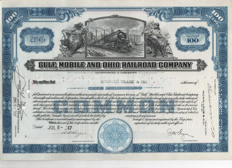 Gulf Mobile and Ohio Railroad Company Stock Certificate 100 Shares 1947