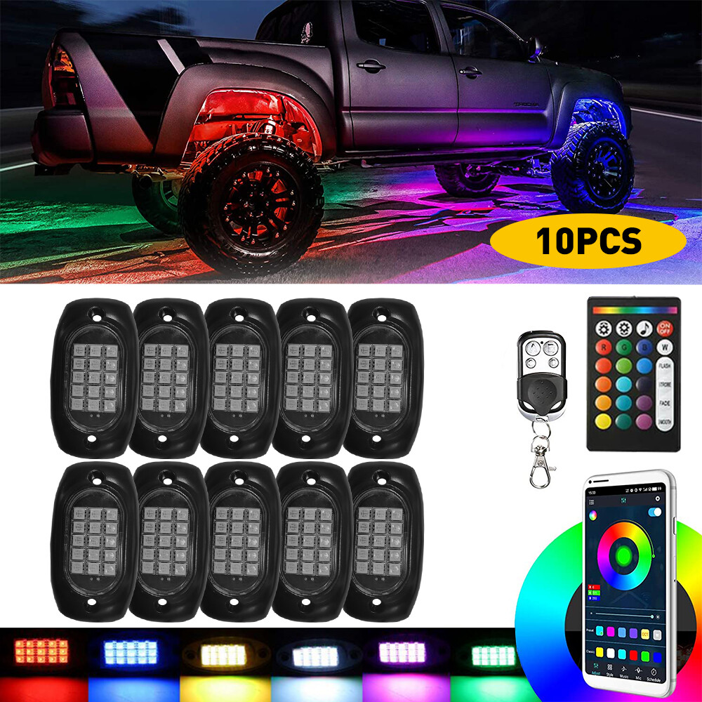10x RGB LED Pods Rock Light Kit Glow Underbody Lamp Neon Bluetooth Music Control