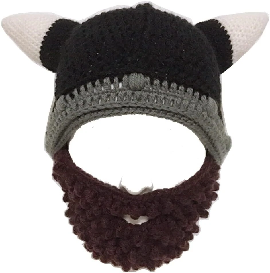 Casco Tejido y Barba Extraíble Caballero Bárbaro Sombrero Cuernos Vikingos Gorro Gorra Divertida Foto 2 de 4