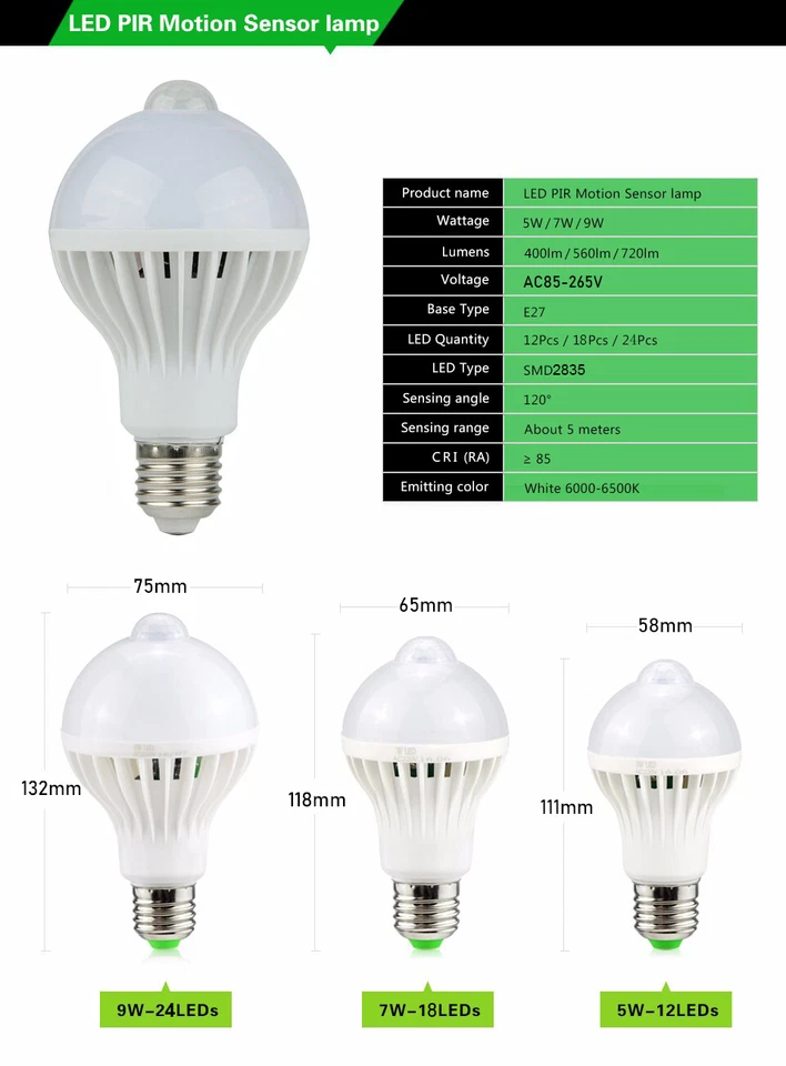 LED PIR Motion Sound Sensor Bulbs 3W 5W 7W 9W 12W Home Stairs Safety Light Lamps - Image 2 of 4