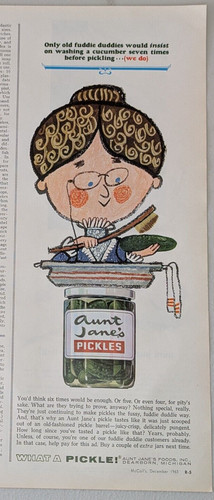 1963 Aunt Jane's Vintage Print Ad Pickles Canned Jar Cucumber Brine Dearborn MI
