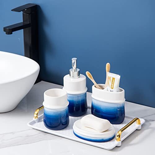 Navy Bathroom Accessories Set, 4Piece Ceramic Bathroom Decorations