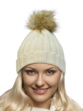 Terra Faux Fur Pom Pom Beanie Hat Slouchy Solid Plain Knit Unisex Stretches to