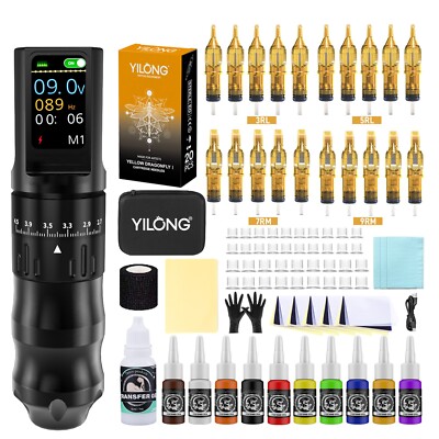 Wireless Tattoo Kit Complete Rotary Pen Machine 1200mAh Power Adjustable Stroke