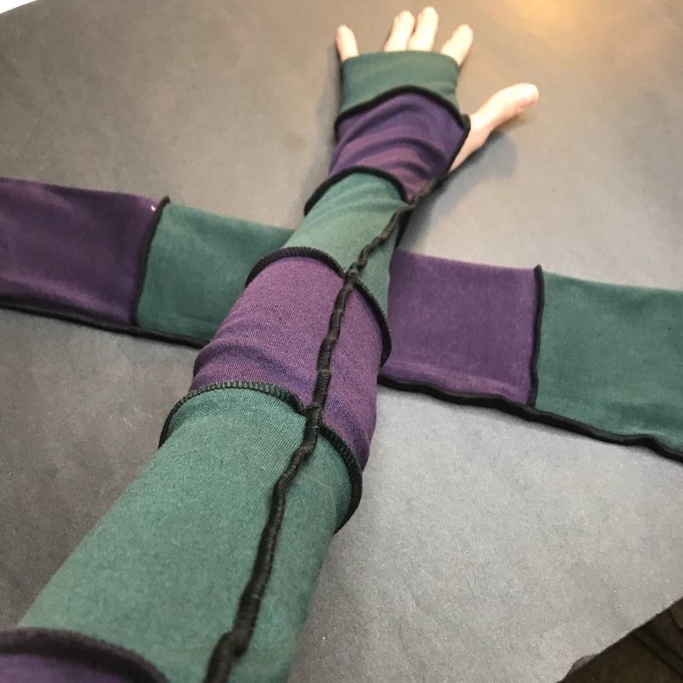 Long Striped Gloves Purple Hand Warmers Green Armwarmers Patchwork Sleeves Warm - Image 4 of 4