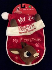 Rudolph Red Nose Reindeer Baby Infant Hat  Bib Set My 1st Christmas NEW DanDee