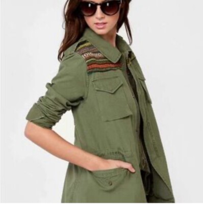 FOREVER 21 Army Green Aztec Military Jacket Small Fall Colors Long Sleeve  D3