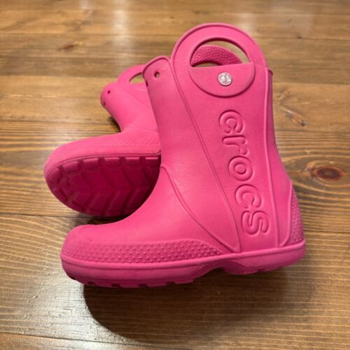 CROCS Kids Handle It Rain Boots Size J1 Hot Pink Rubber Waterproof Slip On