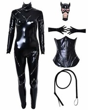 Women Fullbody Black Catwoman Cosplay Costume Mask Whip Zipper Patch Halloween