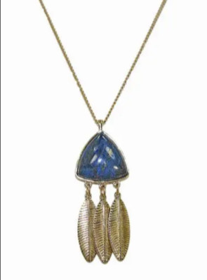 Blue agate stone pendant necklace with metal feathers hanging from it New