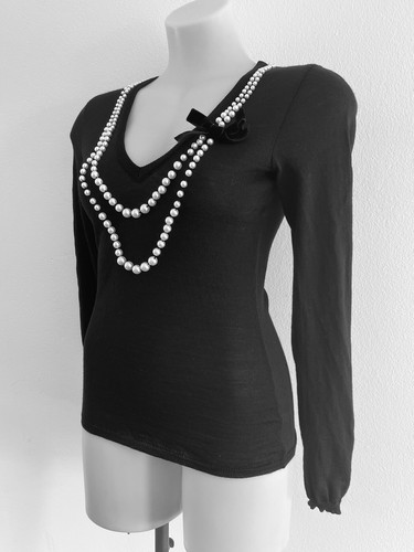 MOSCHINO Mujer Negro Lana Suéter Jersey Top Blanco Perla Audrey Hepburn IT44-M - Imagen 10 de 17