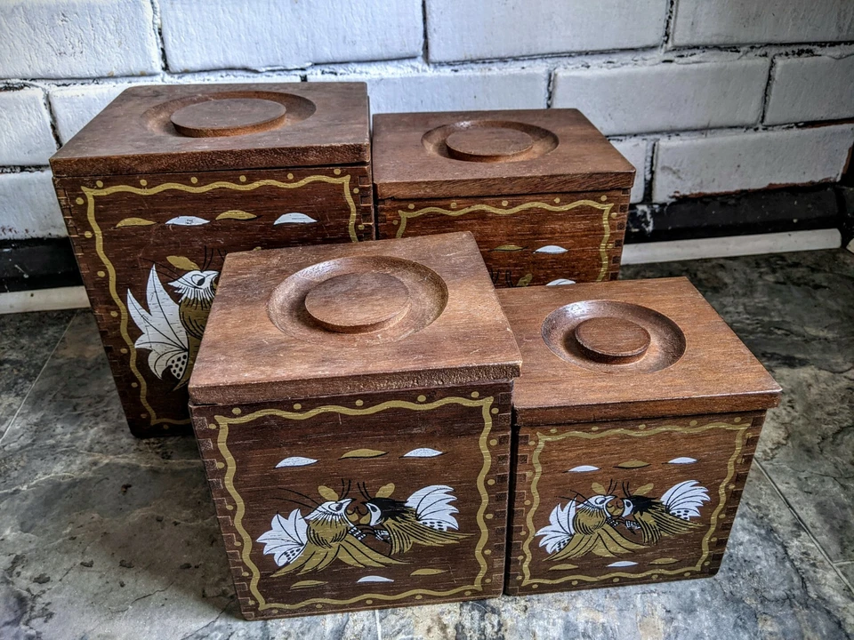 Vintage Japanese Wood Nesting Boxes Canisters Set of 4 - Image 2 of 4