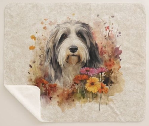 Bearded Collie Dog Breed Floral Pet Portrait #1 Sherpa Fleece Throw Blanket - Picture 3 of 6
