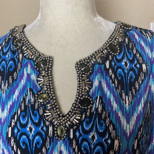 CHICO's Sz 3 Or 16 Lexi Dress Blue Embellished Border Geometric Beaded Stretchy - Picture 3 of 9