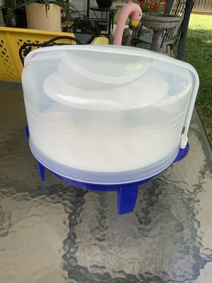 Tupperware Blue Round Cake Taker Carrier 12'' Clear Lid & Deviled Egg Insert