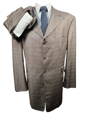 T-FUSION Mens Brown WINDOW-PANE CHECK Pleated 2pc Suit 48L Jacket 38x29 Pant