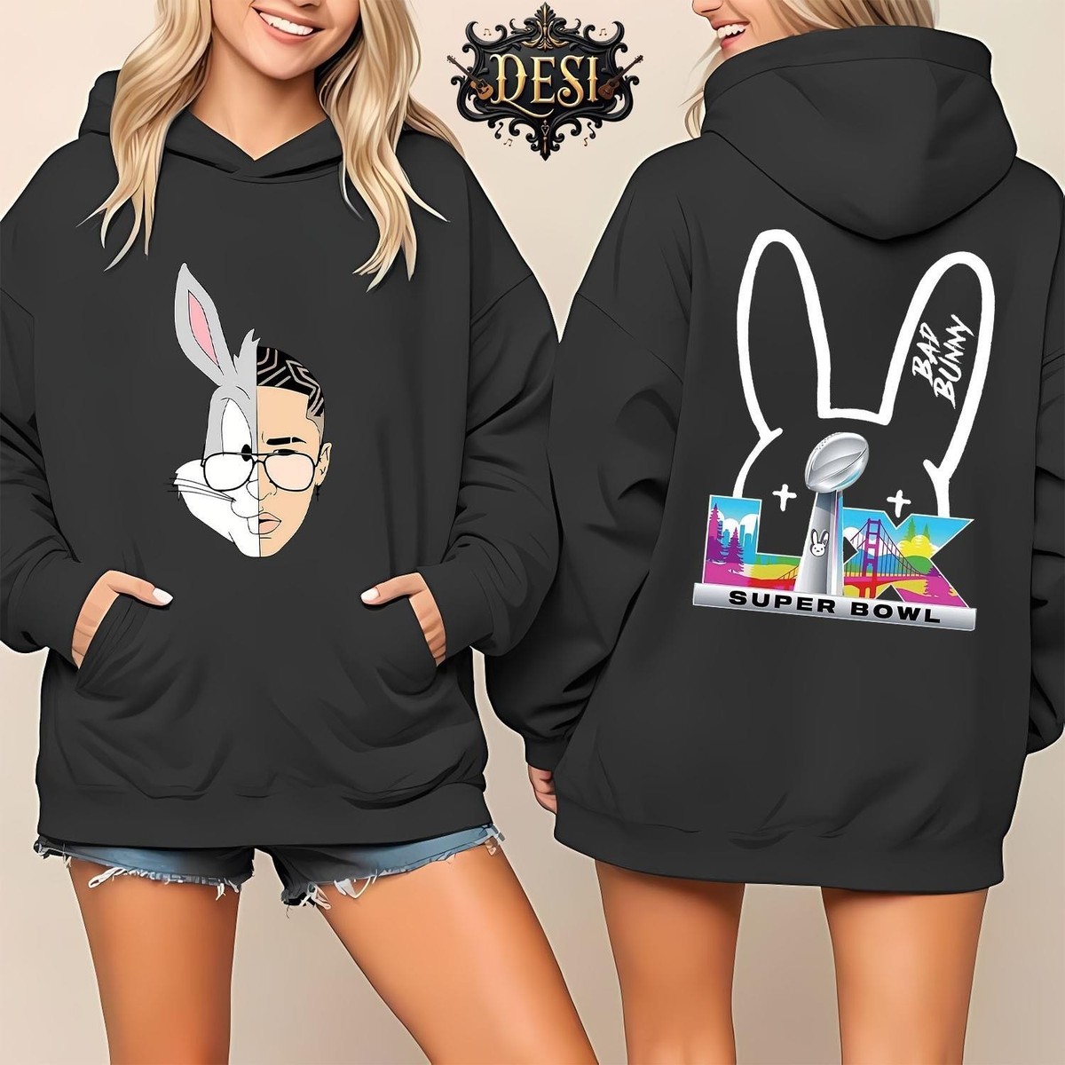 Bad Bunny 2025-26 Super Bowl Half Time Double Sided Unisex Hoodie