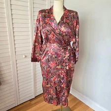 Kathryn Satin Robe Women's L Floral Paisley Loungewear Boho Glam Vintage 90s 80s
