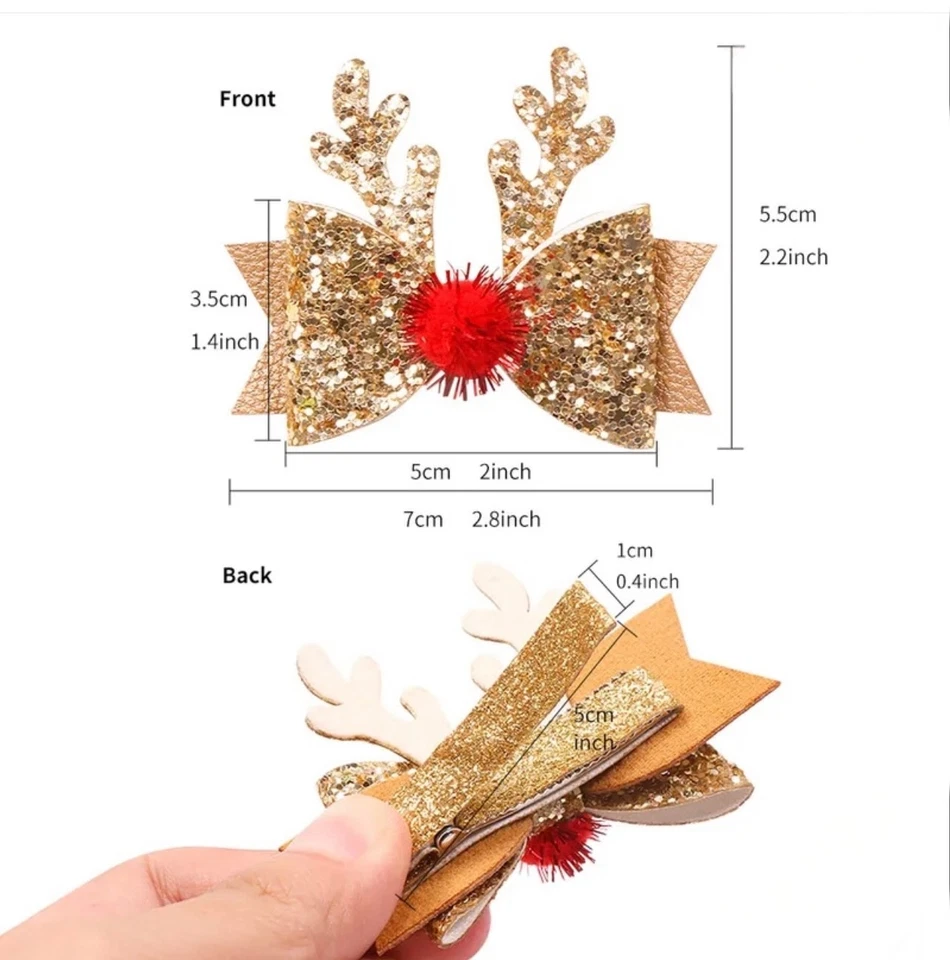 4PCS Christmas Glitter Reindeer Hair Bows – Red & Gold Holiday Hair Clips – Kids - Image 3 of 4