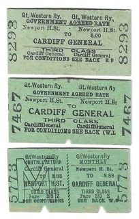 Railway Tickets G W R 3 No NEWPORT H. S. to CARDIFF GENERAL 3rd Cl Gov. Rate