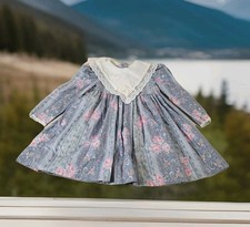 Vintage Polly Flinders Girls Dress Size 4 USA Floral Blue Lace Long Sleeve BK