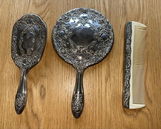 Vintage Silver Tone Vanity Set – Hand Mirror Hair Brush & Comb