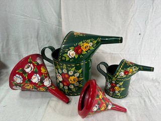 Vintage Red Green Floral Design Funnels And Watering Cans Good Cond (W2)