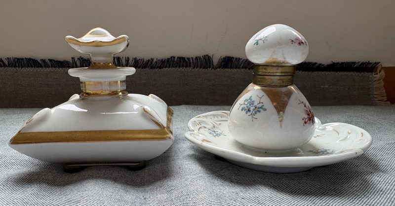 Two Hand Painted Porcelain Inkwells - Gold and Flowers - France?