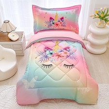 4 Pieces Rainbow Unicorn Toddler Bedding Set Girls Pink Floral Butterfly Star...