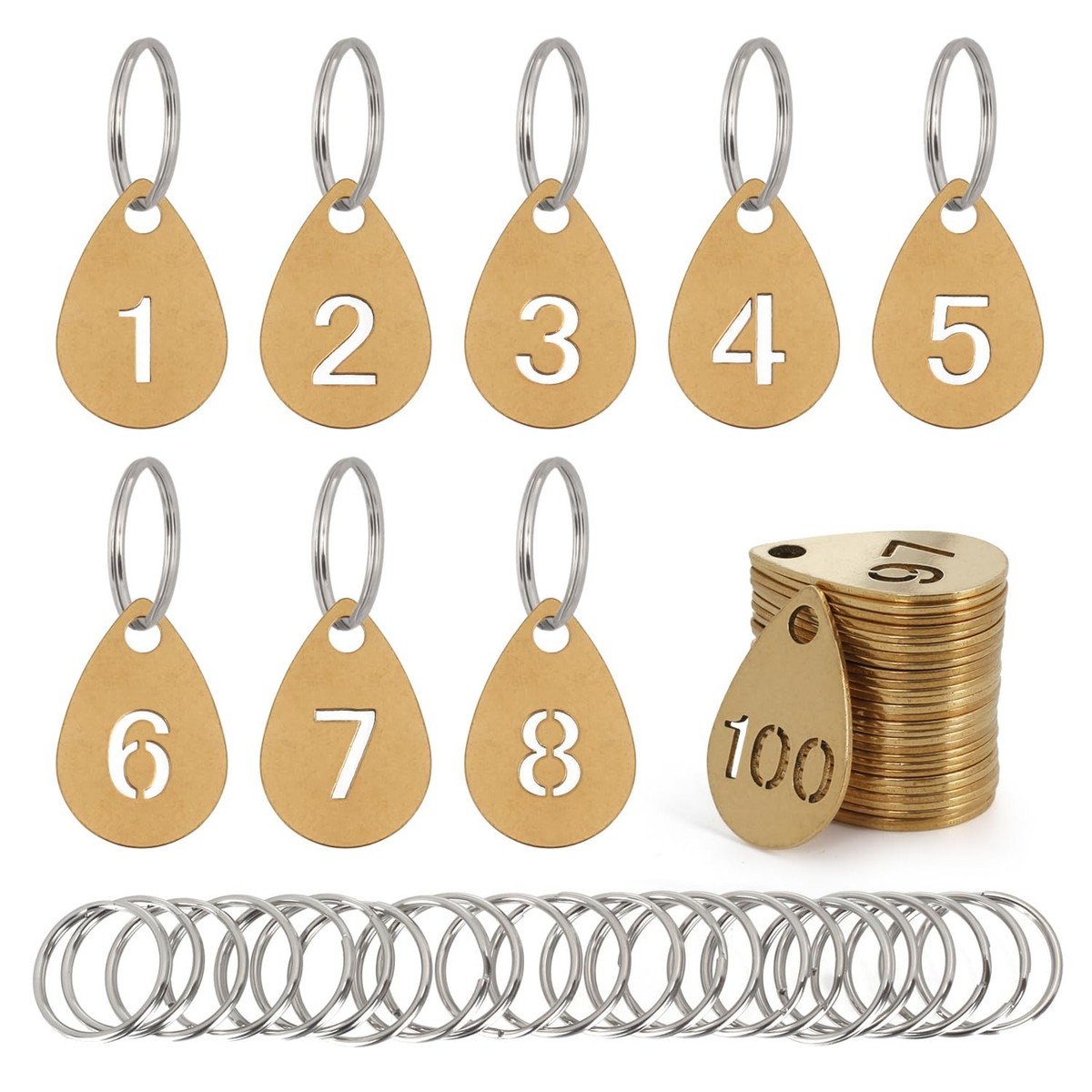 Key Tags with Numbers, Brass Droplet Shaped Key ID Tag, Metal