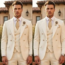 Men's Suits Cream Double Breasted 3 Pcs Blazer Vest Pants Wedding Formal Tuxedo