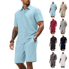 Men Waffle Knit Shorts Set Casual Summer 2 Piece Tracksuit Matching