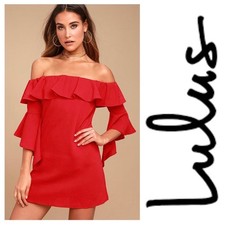 Lulus Small Off Shoulder Flared Sleeve Ruffled Dress Red Showcase Your Talent
