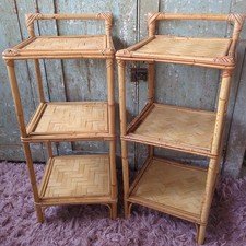 Pair of Vintage Bamboo & Wicker Bedside Tables, Boho Rattan Side Cabinets