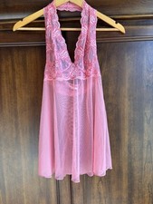 Vintage Victoria  s Secret Teddy XS bubblegum Pink Sheer Lace Babydoll Lingerie