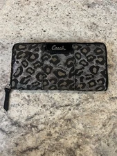 Coach Ocelot Silver & Black Metallic Leopard Large Ziparound Bi-fold Wallet, 