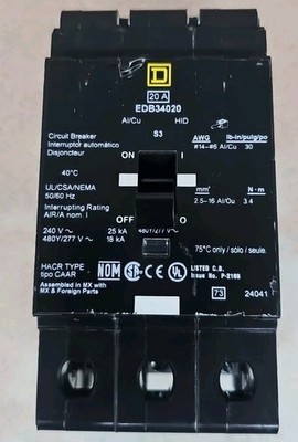 Square D EDB34020 Bolt On Circuit Breaker 3P / 480/277V / 20 Amp NT