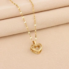 Double Layer Love Heart Necklace Women Titanium Steel Rhinestone Pendant Gift