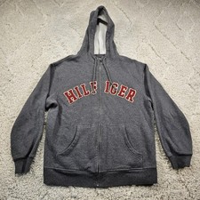 Tommy Hilfiger Mens Fleece Full Zip Hooded Sweatshirt Spellout Size Small Gray