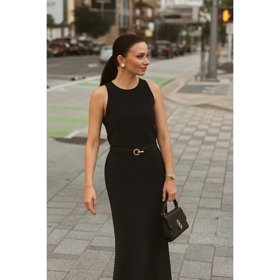 "Cinturón de cuero negro vintage St. John broche escultórico dorado Italia pequeño 29"" cintura" Foto 2 de 4