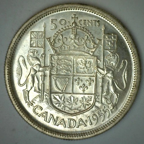 1955 Canada Silver Fifty Cents Coin Uncirculated 50c BU Half Dollar