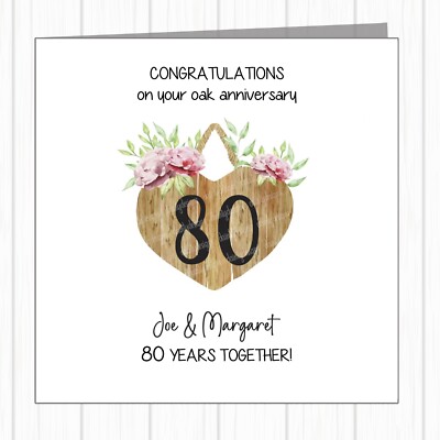 Personalisierte Karte zum 80. Hochzeitstag - Eiche - Floral Oak Plaque