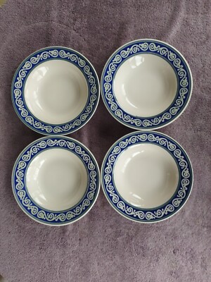 Pier 1 VITRA SCROLL BLUE Rim Soup Bowls Blue White Green 8.75'' Set of 4
