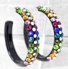 NEW 2.5" ACRYLIC BLACK 3 ROW LARGE/SMALL MULTICOLOR RHINESTONES HOOP EARRINGS
