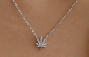 Authentic 1.00 Ct Round Cut Simulated Diamond Pot Leaf Pendant 14K White Gold Plated