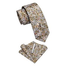 2.5" Men's Skinny Tie Cotton FloraL Printed Necktie Tie Clip Beige Brown Floral