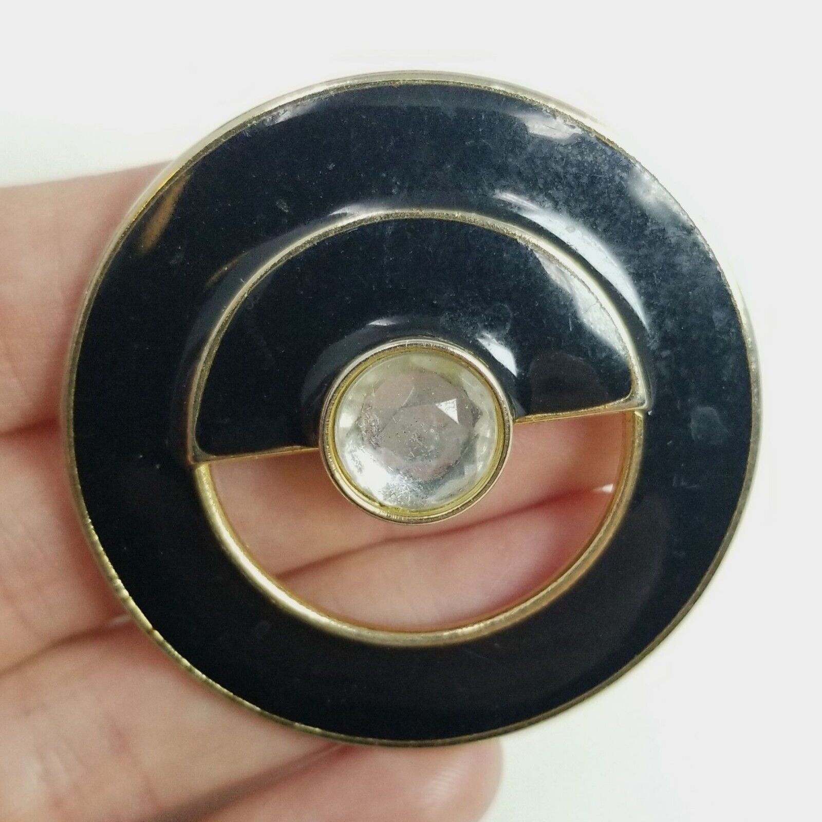 Vintage Black Enamel Round Circle Brooch, Minimal… - image 1